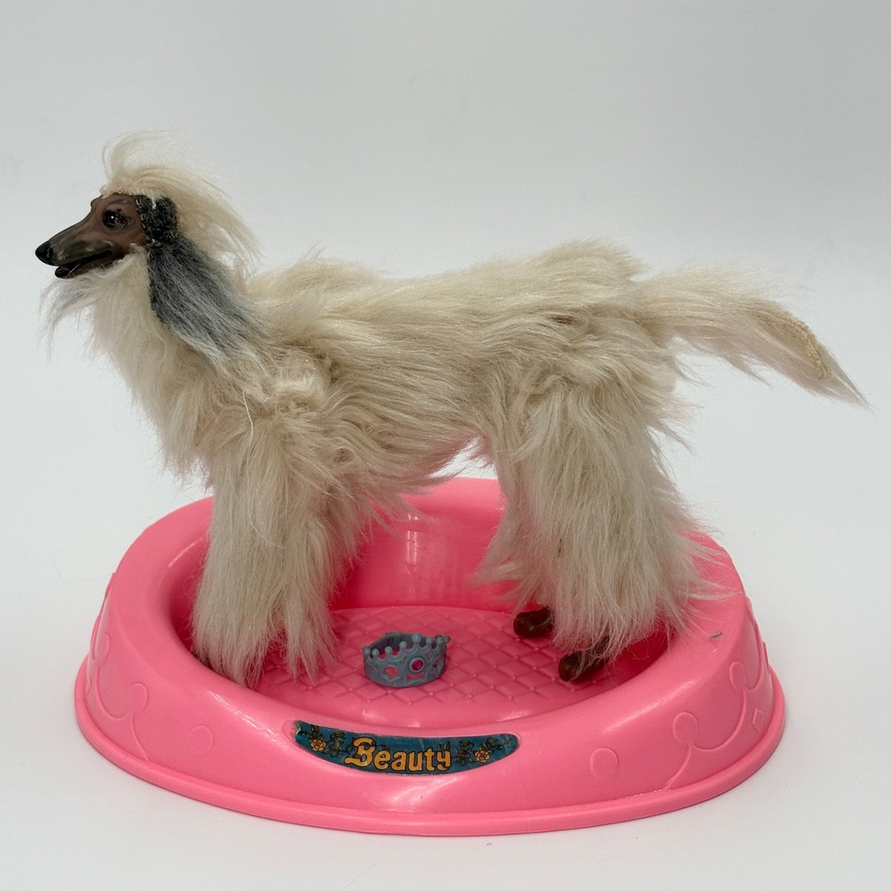 Vintage Mattel Barbie Dog Beauty Afghan Hound with Pink Bed and Crown 1970s 80s